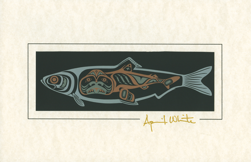 Hand-pulled salmon print, black background