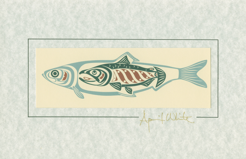 Hand-pulled salmon print, cream background