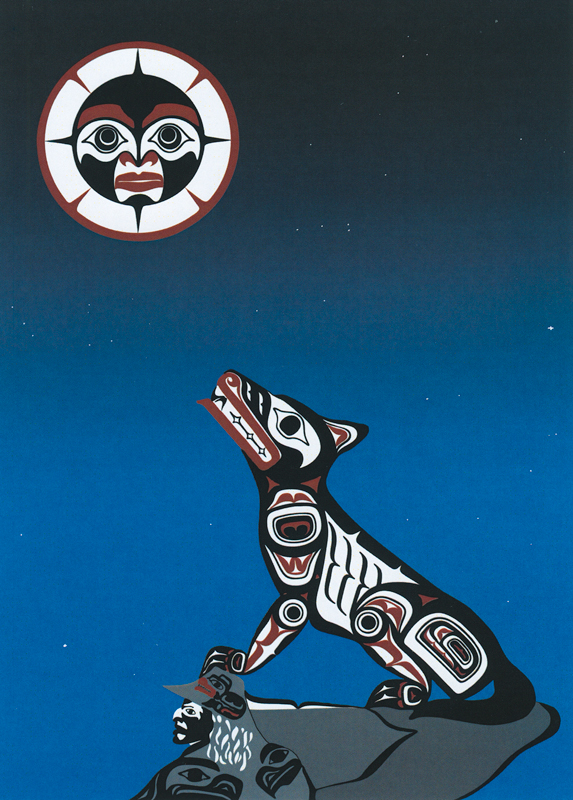 Hand-pulled silkscreen print, wolf and moon design