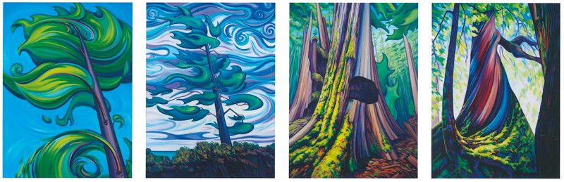 Four-panel painting series: windswept trees and old-growth forest